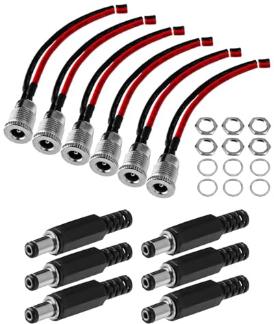 6 Pairs 5.5 x 2.1 MM DC Power Jack Socket with Cable and Barrel Jack Plug | 10A DC Threaded Female Panel Mount Connector , 5.5mm x 2.1mm DC Power Socket Adapter Easy to Install