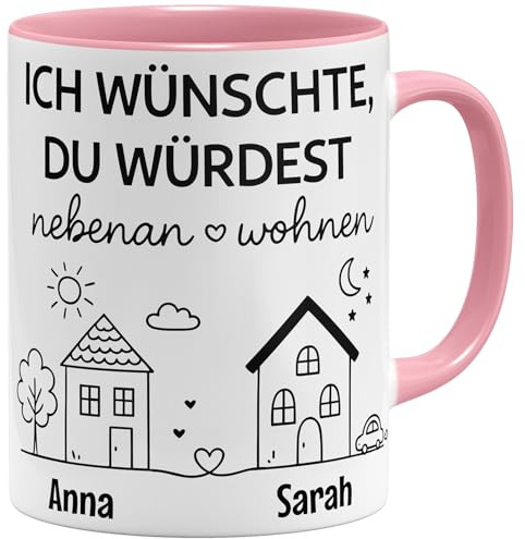 OM3® personalisierte Kaffee-Tasse mit Wunschnamen - ich wünschte du würdest nebenan wohnen - personalisierbar - Keramik Becher - 325ml - Beidseitig Bedruckt - Rosa