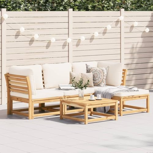 IKAYAA Gartenmöbel Set Holz Gartenlounge Outdoor Terrassenmöbel Set Holz Gartenlounge Akazien-Massivholz Ecklounge Outdoor Gartensofa 5-TLG-3 Creme