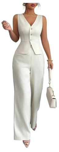 SOLY HUX Women's 2 Piece Business Casual Outfits Button Up V Neck Suit Vest and Pants Set Solid Apricot Medium