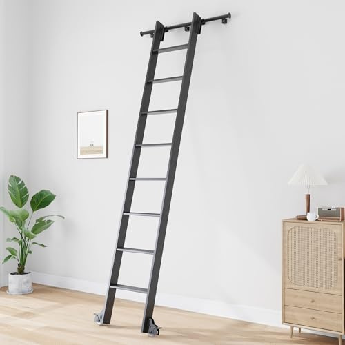 Fredbeck 9FT Rolling Library Aluminium Step Ladder 108 with 4FT Sliding Hardware Track Kit Bottom Wheel Included,for Kitchen,Loft,Warehouses,Bookstore,Atti,Dressing Room,Metal Black
