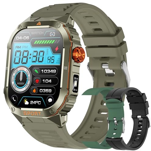SGDDFIT 2,01 tum AMOLED smartklocka för män med samtal och Whatsapp, militär Smartwatch med 123 lägen hjärtfrekvens/SpO2/Sömn, 3ATM vattentät Smartwatch för män för Android iOS (grön)