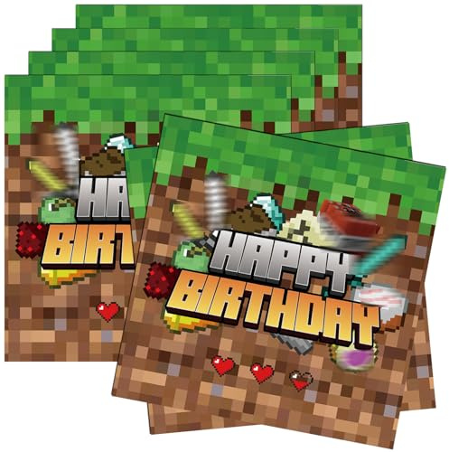 Ezydka 60 Stücke Pixel Servietten 33x33 cm Gaming Servietten Hochzeit Miner Papierserviette für Geburtstag Mädchen Jungen