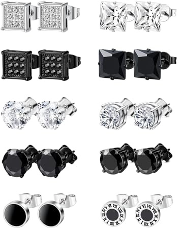 BVLAGIDA 10 Paires Boucles d'Oreilles Hommes Boucles d'Oreilles Argent Noir en Acier Inoxydable Hypoallergénique Piercing Oreilles pour Homme Femme