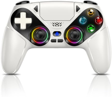 Gamrombo RGB Wireless Controller for PS5/Pro/Slim & PCs, Bluetooth Gamepad with Back Buttons, Touchpad, Macro, Turbo, Dual Vibration, 6-Axis Sensor, Speaker, 3.5mm Audio Jack, White
