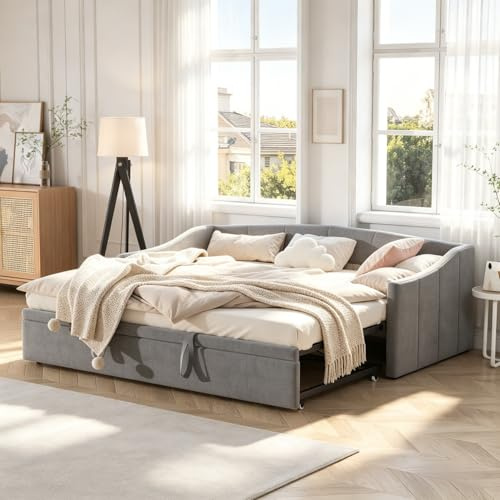 BRILVERDE Dubbelbäddsoffa, utdragbar bäddsoffa, 90/180 x 200 cm, hopfällbar soffa med ribbotten, soffa, 2-sitsig med sovfunktion, bäddsoffa, sammet, grå (utan madrass) (grå-b)