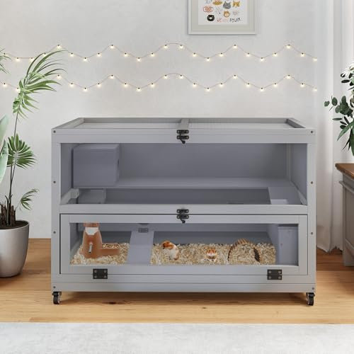 Tunnel Hamsterkäfig aus Holz 90x50x60cm – Rattenkäfig mit Acrylfenster & Metallgitter, Degu Käfig mit Rollen & klappbarem Deckel – Nagarium für Kleintiere in Grau