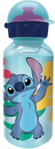 TATAWAY Bouteille scolaire pour enfants Stitch Disney en plastique sans BPA de 370 ml - Bouteille légère avec bouchon à pression, design résistant aux gouttes, parfaite pour la maternelle, l'école