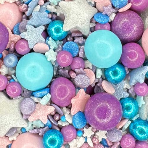 Sprinkletti - Stitch Cake Topper Sprinkles - 30g Edible Pearl Ball And Sugar Shape Stitch Cake Decorations - Shimmer Indigo, Purple, Blue, Aubergine & Pink Ohana Themed Cake Sprinkles