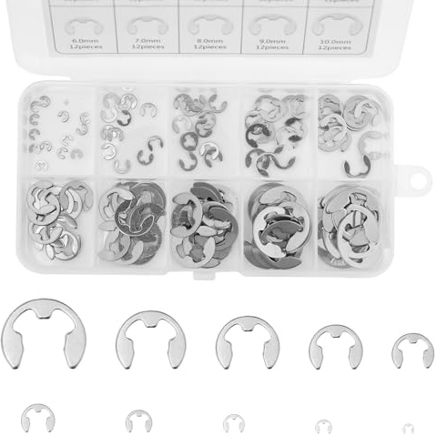 120 Piezas Anillo de Retención Externo Plata,Circlip E-Clip Snap de Acero Inoxidable,Arandelas de Seguridad 10 tamaños 1.5-10mm,para Hardware de Sujeción de Eje