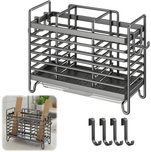 Cutlery Drainer, Cutlery Holder, Utensil Drainer with Drainage Holes | 3 Compartment Utensil Holder Drainer for Kitchen Countertop, Space Saving Cutlery Caddy , Grey, 20.9 x 14.8 x 8.2 cm