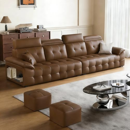 Italiensk lyxig enkel brun lädersoffa, rymlig och mjuk soffa med massiv träram, modern stor storlek, lämplig för vardagsrum/kontor/lägenhet.