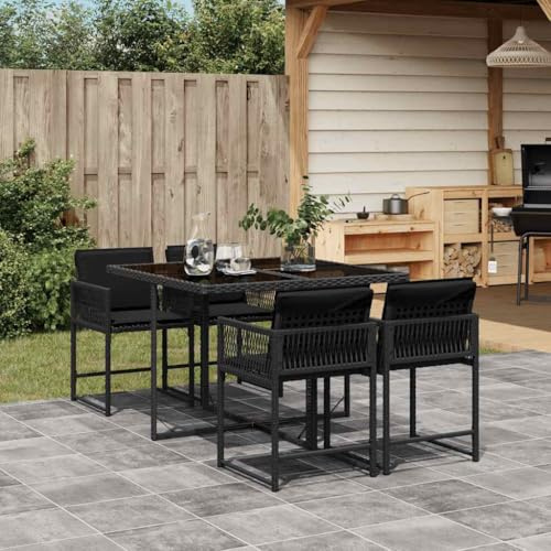 Woonisher Set di mobili da giardino da 5 pezzi, set da pranzo nero, tavolo da pranzo con 6 sedie, set di panche angolari, mobili da esterno per patio in polyrattan con cuscini per giardino e terrazza