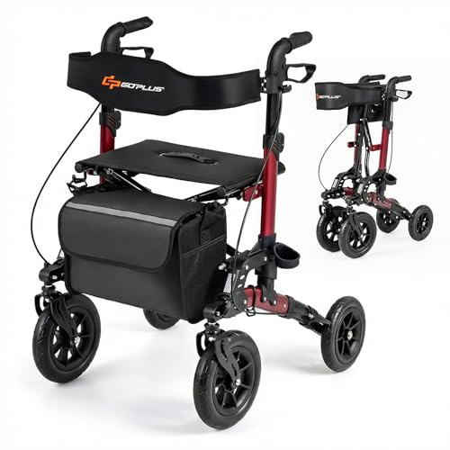 COSTWAY 2 en 1 Andador para Ancianos Plegable, Andadores Adultos con Asiento, Respaldo, Suspensión de Muelles, Soporte para Bastón, Almacenamiento, Caminadores para Mayores con 4 Ruedas (rojo)