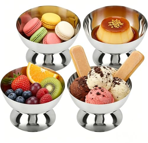 YuLiMirich Set med 4 rostfria glassbägare – vintage rostfritt stål dessertskål, cocktailglas, glass cream sundae dessertglas för frukt sallad, yoghurt och fruktpudding för fester (kort – en stil, set