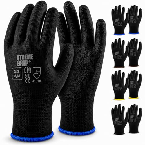 Xtremeauto XtremeGrip PU Coated Safety Work Gloves – Non-Slip Grip Protective Work Gloves for DIY, Mechanics, Warehouse, Gardening & Construction – EN388 Certified (12, Medium)