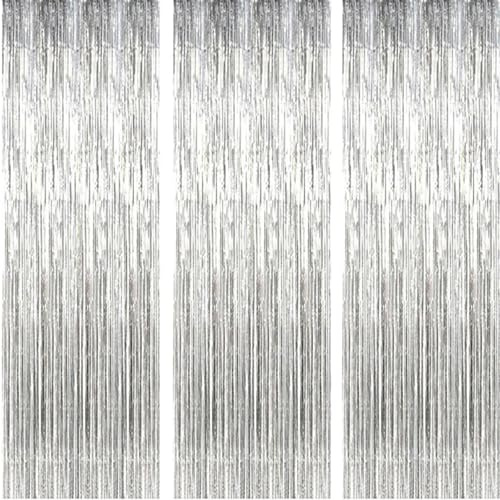 AILEXI 3 Stück Vorhänge, metallisch, glitzernd, Blätter, Fransen, Vorhang für Tür, Fenster, Dekoration, für Geburtstag, Hochzeitszubehör, 92 x 245 cm – Silber