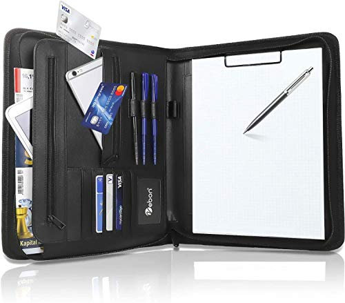 Vebon® Schreibmappe A4 groß New York I Veganes Leder, Reißverschluss + Klemmbrett I Konferenzmappe + Laptoptasche I extra Stauraum I Schwarz