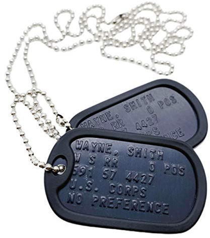 Militärische Erkennungsmarken – Set mit 2 personalisierbaren schwarzen eloxierten Aluminium-Tags mit Kugelketten und Schalldämpfern