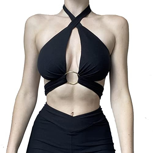 HTTOAR Canotta Sexy da Donna con Scollo A Crocevia Incrociata Tagliata Senza Maniche Tinta Unita Crop Top Canotta Vari Metodi di Usura con Anello in Metallo (Medium, Nero)