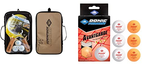 Donic-Schildkröt Tischtennis-Set Persson 500, 2 Schläger mit Korkgriff, 3 Bälle, 788490 & Unisex Erwachsene Donic Tischtennisball 3-Stern Avantgarde,6 STK. im Blister, weiß / 3X orange, 608533