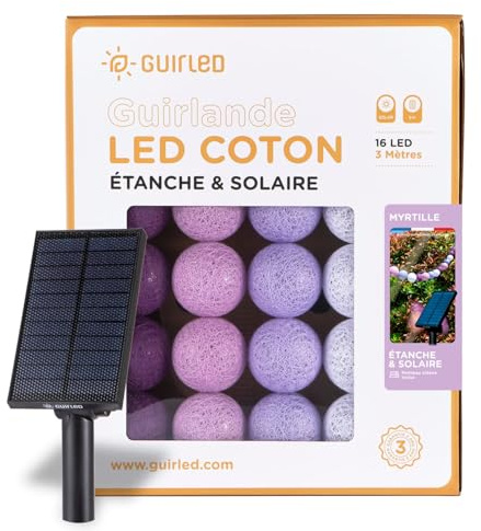 GuirLED - Lichterkette für den Außenbereich mit Kugeln, LED, wasserdicht IP65, hocheffizientes Solarpanel, automatisches Ein-/Ausschalten, 16 Kugeln, 3 m, Blaubeere