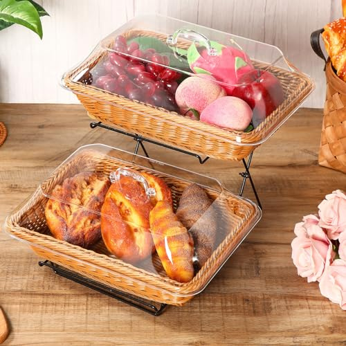 Ziliny 2 Pack Imitation Rattan Plastic Bread Basket, Food Cover with Handle | with Acrylic Lid and Metal Display Stand Rectangle Woven Fruit Basket for Food Display Tabletop, 13.78 x 9.84''