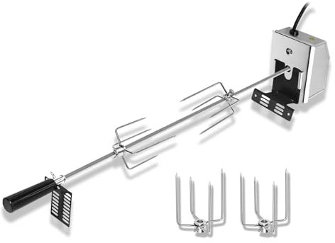 Froadp Spiedini per barbecue in acciaio inox, 117 cm, con motore, 220-240 V, 8 x 8 mm, in acciaio inox, set con 4 aghi per carne, spiedo girevole, accessorio per barbecue a gas, barbecue a carbonella