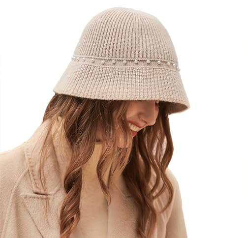 SJTJSPX Fischerhut Damen Winter Strickmütze Warm Wintermütze Winddicht Bucket Hat mit Perle Gestrickt Glockenhut Outdoor Beanie Hut Vintage Frauen Kappe für Ski Radfahren Reisen Wandern