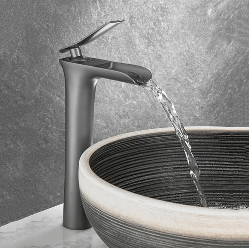 Grifo Lavabo Cascada, Abierto Frio Y Caliente Grifos para Lavabos de Baño Altos, Grifo Monomando De Latón,gris,alto