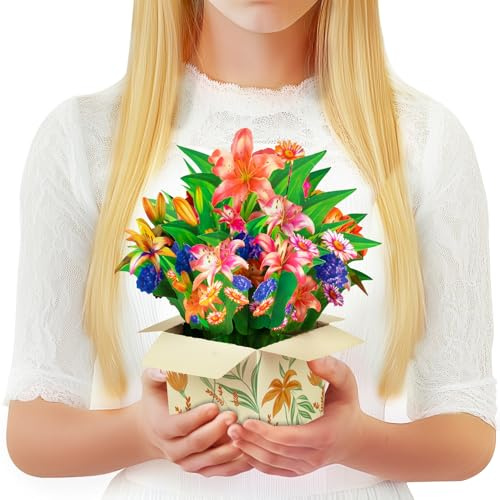 GREETING ART Pop-Up Blumen Karte – Blume mit Lilien,3D Hochzeitskarte mit Lilien & Gänseblümchen, 3D Geschenkkarte zum Geburtstag, als Gutschein oder zur Genesung, Blumen Grußkarte