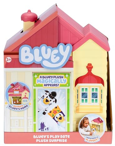 Bluey Spieldatum Plüsch-Überraschung, Dekorieren Sie Bluey's Haus mit Aufklebern, befestigen Sie das Spielzeitschild, dann öffnen Sie die Tür, damit eine Überraschung Plüsch erscheint