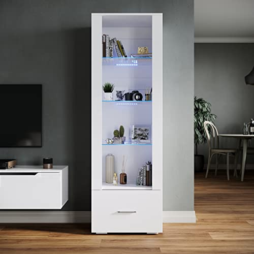 SONNI Glasvitrine mit Led, 4 Einlegeböden, 1 Schublade, 55x35x172cm, Weiß | Wohnzimmer Vitrine Hochglanzfront, Standvitrine, Vitrinenschrank, Sammlervitrine für Wohnzimmer, Esszimmer, Schlafzimmer