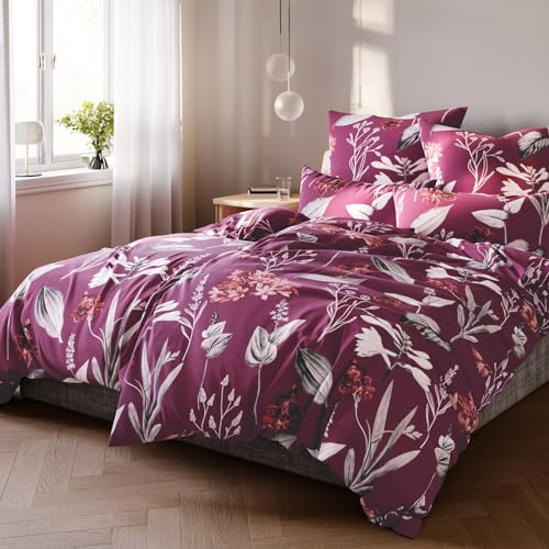 Pure Label Blumen Bettwäsche Set 4tlg 135x200 80x80 aus Baumwolle | Waschbar bei 60∘C - Atmungsaktiv für Sommer & Winter - pflegeleicht