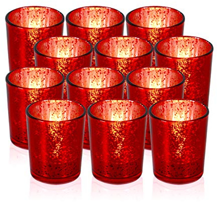 FUND AMLIGHT Rot Teelichtgläser 12er Set, Gefleckt Teelichthalter Glas, Tischdeko Votivkerzenhalter, Kerzengläser für Teelicht Deko, Tafelaufsätze für Hochzeit, Bankett, Geschäftsempfang, Zeremonie.