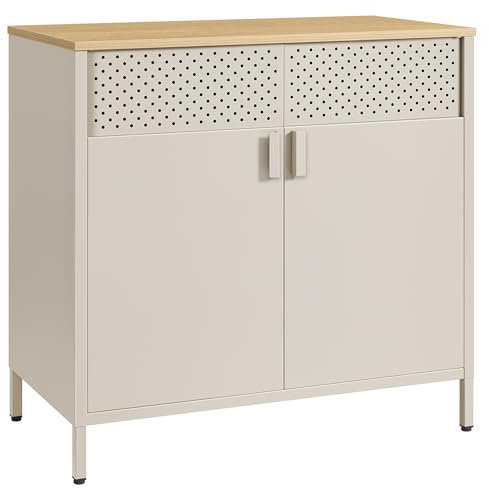 SONGMICS Aufbewahrungsschrank, Metallschrank, mit Doppeltür, Magnetverschluss, Verstellbarer Einlegeboden, Stahlgestell, 40 x 80 x 76 cm, sandbeige-naturbeige LSC102L01