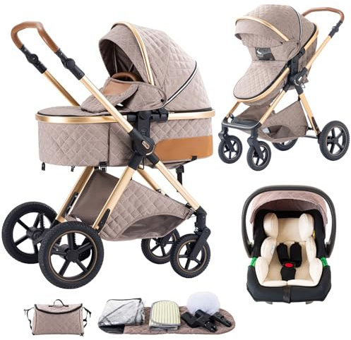 Shineey 3 in 1 Baby Stroller with Height Adjustable Handle,3 in 1 Prams Travel System, Lightweight Foldable Pushchair, Prams with Aluminum Frame for Portable Baby Carriage