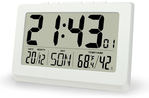 Lafocuse 10 Reloj de Pared Digital LCD Pantalla Grande, Silencioso Reloj Digital Pilas de Sobremesa con Temperatura, Humedad, Fecha, Alarma, Snooze, 12/24 Horas, para Salon Cocina Oficina, Blanco
