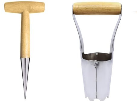 Zwiebelpflanzer mit Tiefenskala, Blumenzwiebel Pflanzgerät, Setzholz aus Edelstahl zum Pflanzen, Pikierstab mit Griff aus Eschenholz, für Pflanztopf für den Garten im Freien