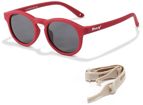 Maesy Gafas de Sol Niño 1-3 Años - Lentes Polarizadas UV400 Categoría 3 - Montura Flexible con Correa Ajustable - Diseño Redondo, Seguras y Cómodas - Bowi, Rojo