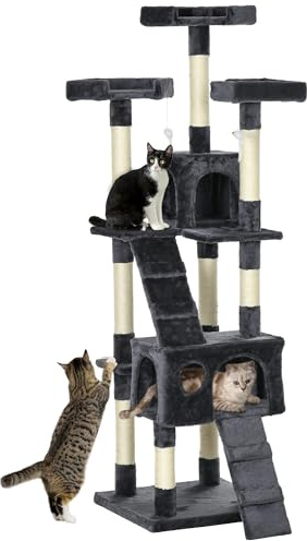 PawHut Large Cat Tree 173 cm Cat Tower with 10 Scratching Posts Dark Grey | 3 Perches, 2 Condos, 1 Ramp, Kitty Climbing Tower, Activity Centre House for Indoor Kittens