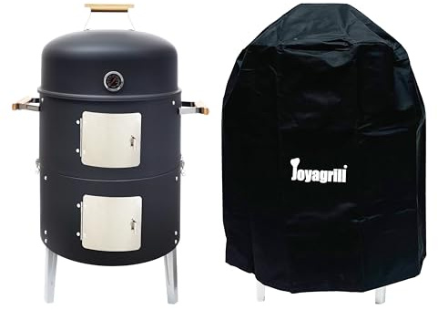 Joyagrill Barbecue Smoker Grill da 17-1/2 pollici con coperchio integrato termometro, aria vent e porte di accesso, due strati multifunzione Meat Smoker Grill con 3 manici in bambù, ideale per feste