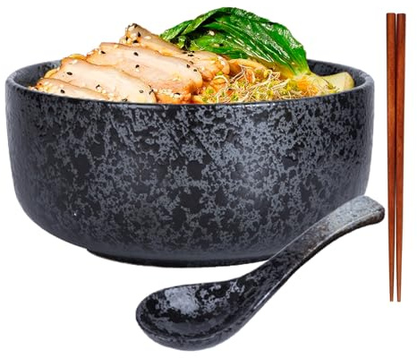 ZPPLD Porcelain Large Noodle Bowls,1000ml Ramen Bowl Set,Japanese Ceramic Bowl,Pasta Bowls with Spoon,Chopsticks,Soup Bowl, for Rice,Salad, Noodle (Black)
