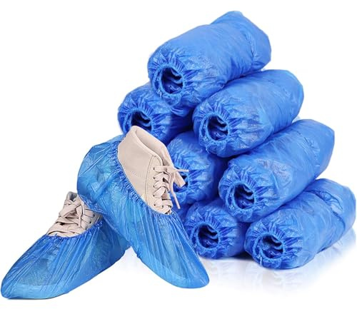 Apex Business Supplies 100 Shoe Covers disposable – Blue Plastic Overshoes – Non-Slip, Dustproof & Waterproof Shoe Cover – Universal Fit for Indoor, Carpet, Boot, Home, Office, Cleaning Use