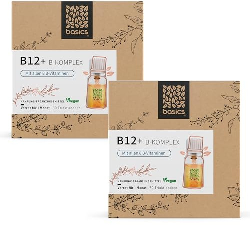 basics B12 + B-Komplex mit allen 8 B-Vitaminen - Hochdosiert mit 500mcg Vitamin B12 - für mehr Energie und Unterstützung des Nervensystems - 30 Trinkflaschen - 10ml pro Tagesdosis – Vegan - 2er Pack