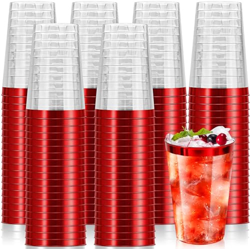 Tczecoo 50 Stück Hartplastik Partybecher mit Rot Rand, 340ml/12 Oz Party Becher