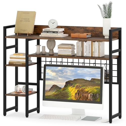 GIANTEX Estantería de Escritorio con 4 Estantes Abiertos, Organizador Sobremesa con Rejilla de Metal y 6 Ganchos Extraíbles, 94x25x73,5cm, Almacenamiento para Libros, Plantas, Comésticos (Marrón)