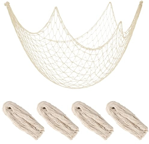 4pcs Decorative Fishing Net, 200x100cm/80x40in Natural Cotton Ocean Theme Party Fish Netting Decor Nautical Wall Art Fishnet Decorations for Pirate Hawaiian Mermaid Party Supplies