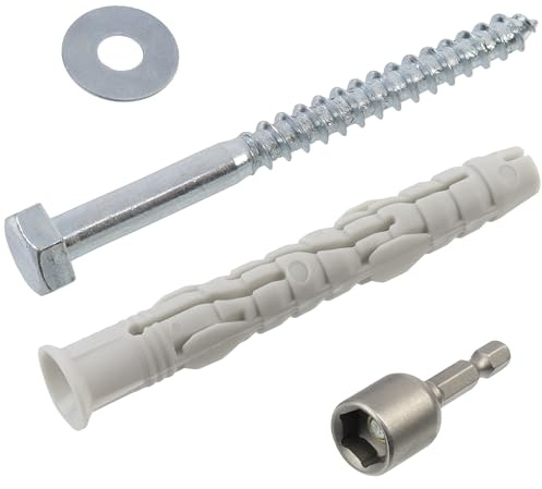 AERZETIX - Kit de 10 tacos con reborde biselado Ø10x80 mm de nylon + 10 tornillos tirafondo Ø7x80 mm + 10 arandelas anchas para perno M8 + 1 vaso hexagonal de 1/4 SW12 para atornillar