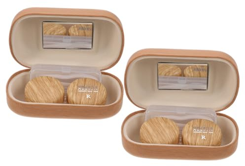SECFOU Vintage Leather Contact Case Portable Travel Box Dual Compartments Leakproof Eye Care Organizer for Daily Use and Backup Lenses in Light Brown